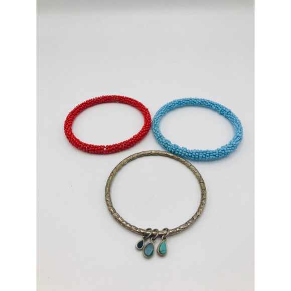 Southwest Silver Tone faux turquoise charm red turquoise seed bead bangles 3 8” - Picture 2 of 6